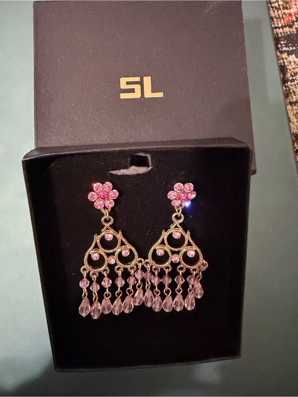 Susan Lucci Pink Rhinestone Chandelier Earrings Gold Tone Dangle Statement